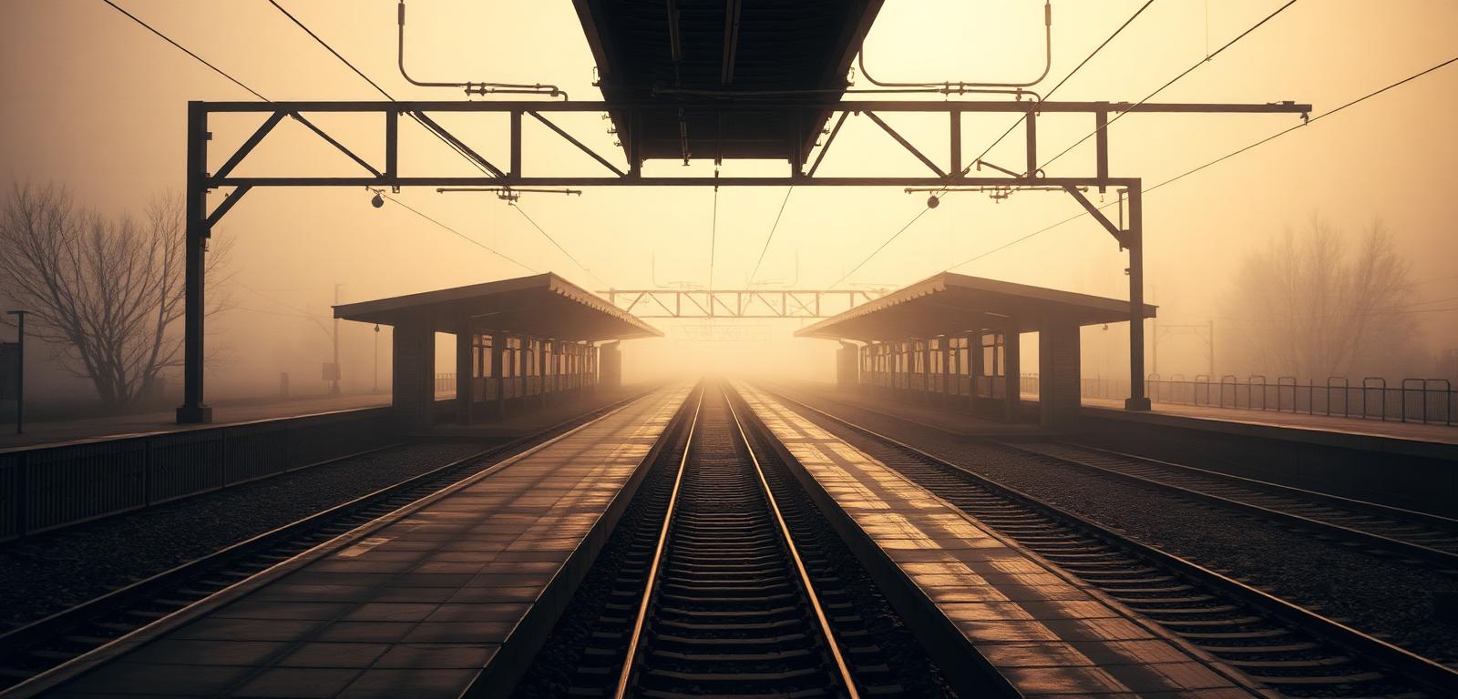 An empty foggy train platform at dawn